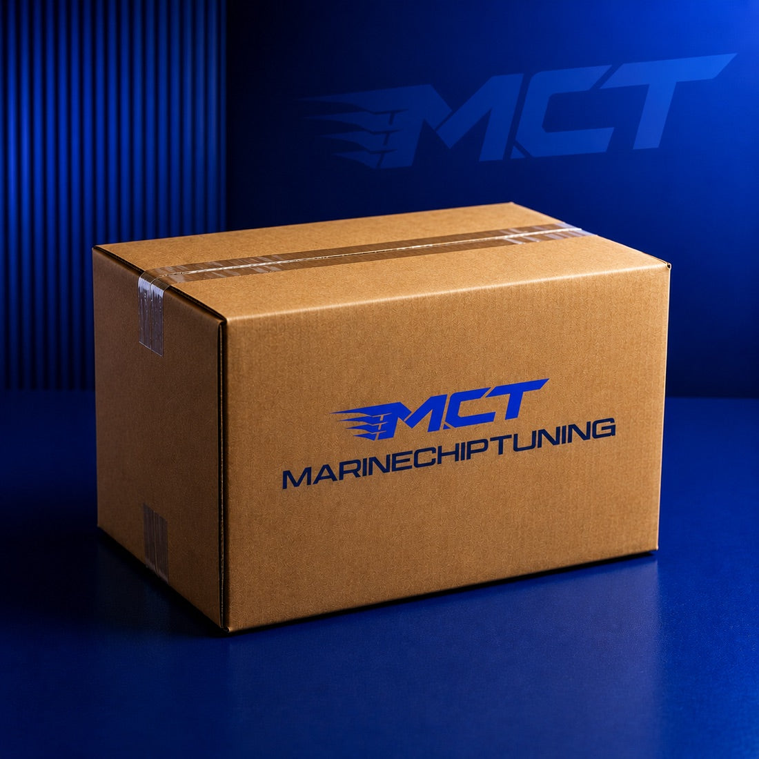 Sealed cardboard shipping box with Marinechiptuning branding
