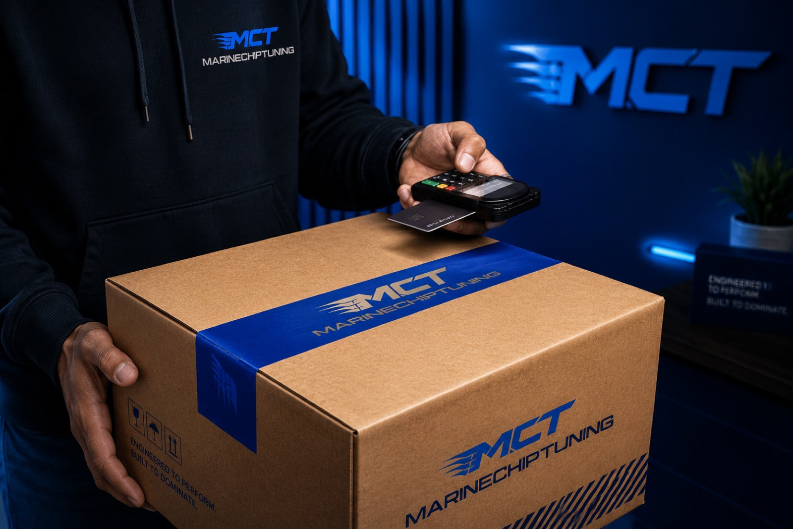 Marinechiptuning branded package being handed over at the counter