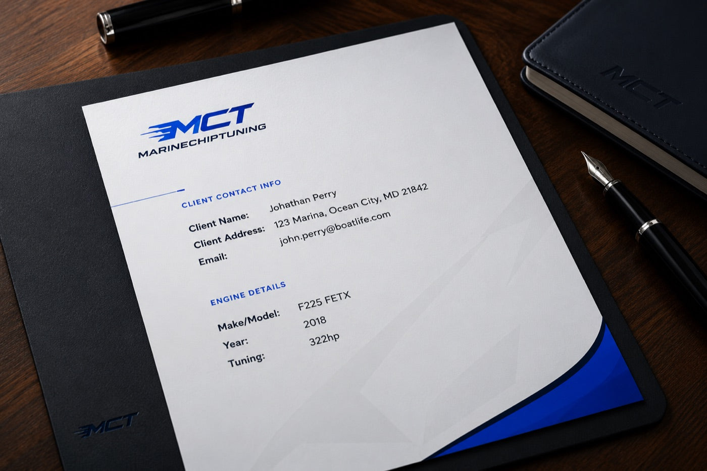 Marinechiptuning letterhead listing client contact info and engine details